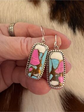❤️ Cotton Candy Turquoise Navajo Style Sterling Statement Dangle Earrings 1.77”L